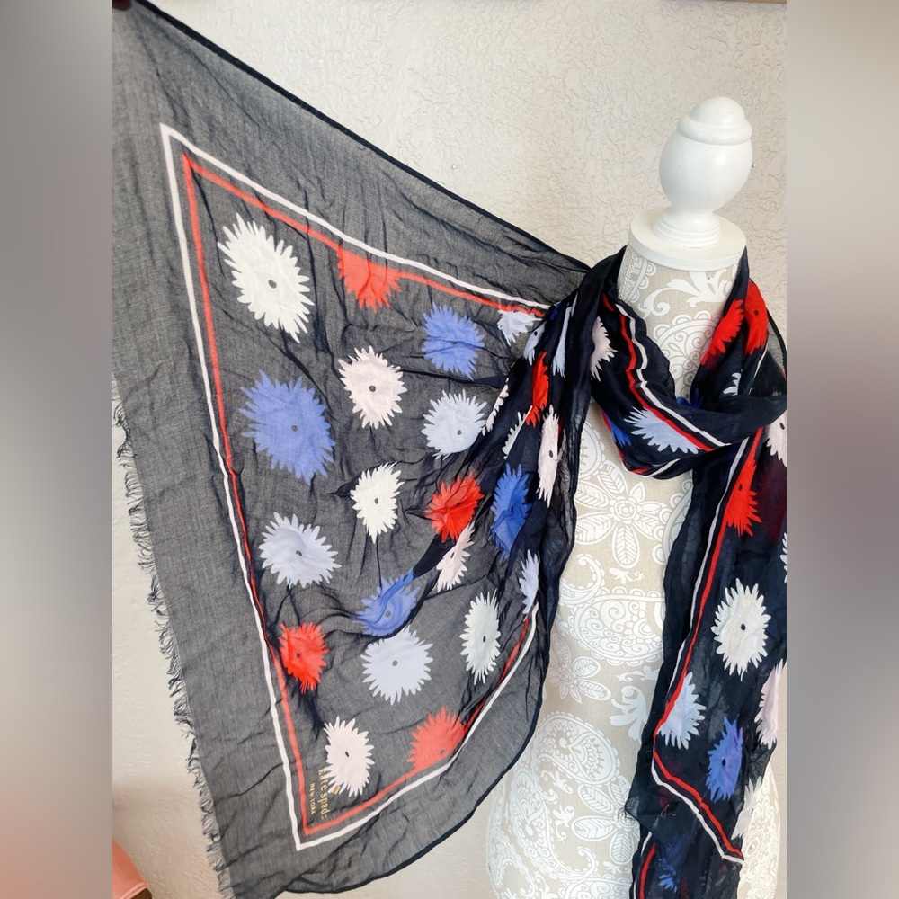 kate spade Black Floral Scarf with Red, Blue, White Blooms